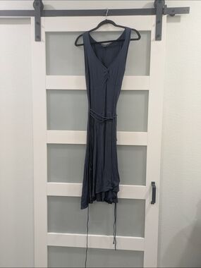 Maxime Slate Blue Sleeveless V-Neck Midi Dress with Tie Waist